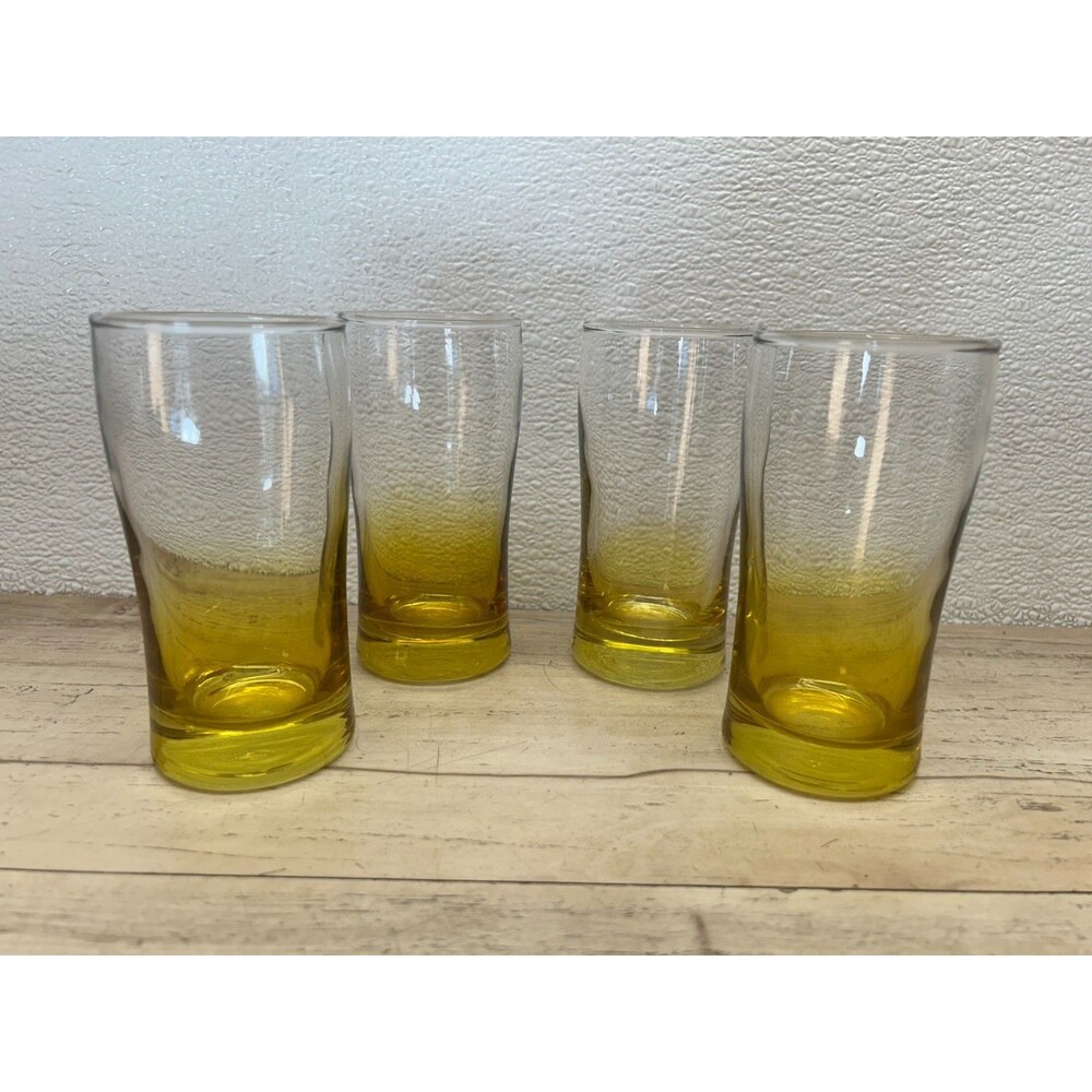 1970s Libbey Amber Ombre Ripple Wave Yellow To Clear Glass 8Oz Set Of 4 Tumblers